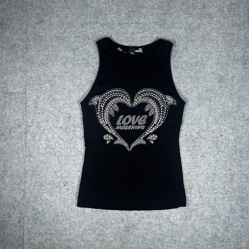 Vintage Love Moschino Tank Top Womens USA 2 / I 38 Black Y2K Rhinestone Bling